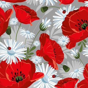 Poppies and daisies pattern on gray background - 2107201606