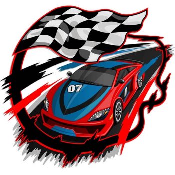 Speeding Racing Car with Checkered Flag & Racetrack Design - 2308201601